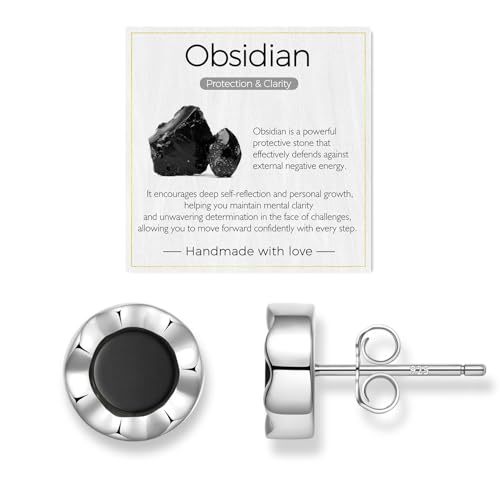Image of Elegant Natural Obsidian Earrings for Women, 925 Sterling Silver Stud Earrings Hypoallergenic & Nickel-Free, Birthday Gift with Box & Card