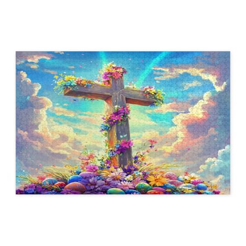 Rompecabezas de 1000 piezas para adultos, puzzle de madera de Pascua con flores y huevos