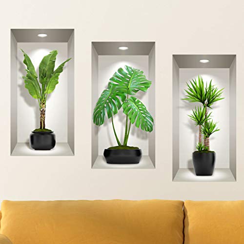 Stickers adhésifs Effet 3D | Sticker Autocollant Plantes Vertes d'intérieur - Stickers muraux 3D - Décoration Murale Salon - Autocollant Trompe l'oeil Chambre | 3X 60x30cm