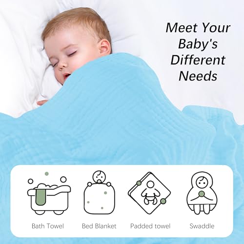 Image of SWEET DOLPHIN Muslin Baby Bath Towels Blanket - 2 Pack 100% Cotton Towel for Babies, Infants, Toddlers - 40x40Inch - Highly Absorbent, Blue