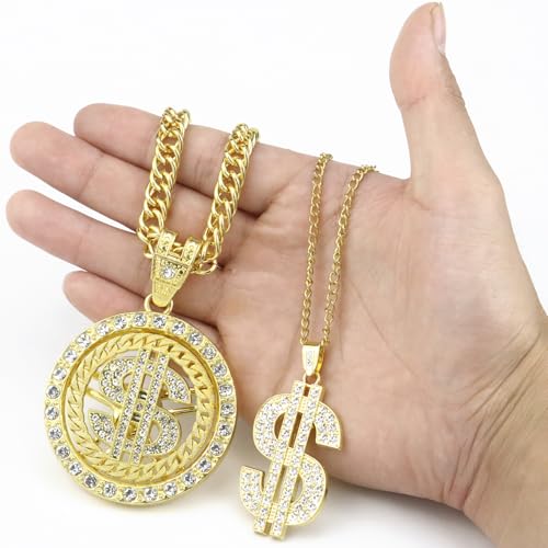 Riuziyi 6 Pack Fake Gold-Colored Dollar Sign Chain Necklace Ring for 80s 90s Hip Hop Costumes Outfit, Rapper Jewelry for Men Women (GoldColor) by Riuziyi - Used condition - Image 3