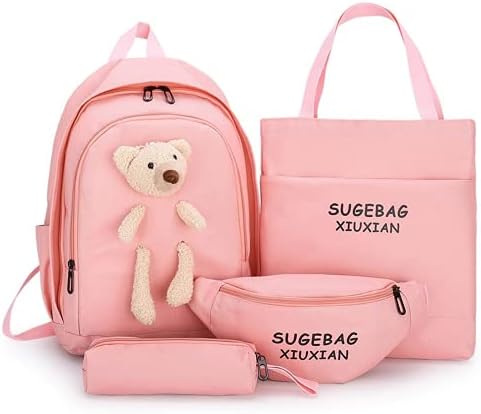 4Pcs Kawaii Canvas Backpack With Hanger, Aesthetic Laptop Shoulders Ita Bag School Supplies Stationary for Back to School, black set, L