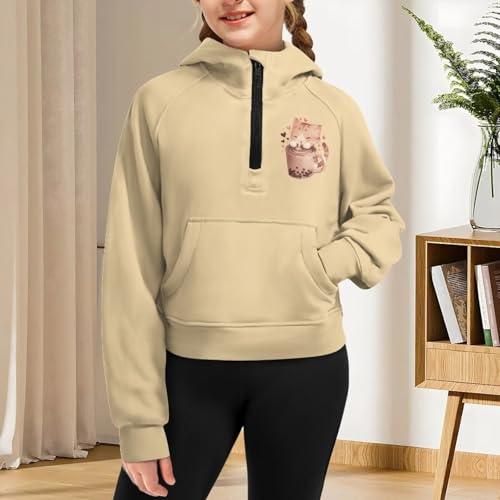 Breathable Girls Hoodie for Sports Stretchy Half Zip Raglan Cropped Sweatshirt with Front Pocket Ages 5-144