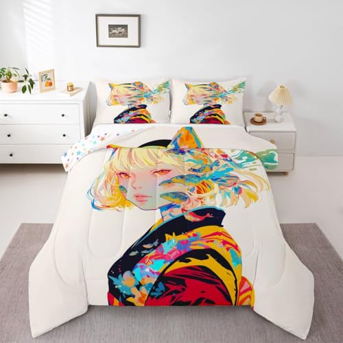 Image of Erosebridal 3D Bedding Comforter Sets - Japanese Girl Style Full for Cartoon Fans - Kawaii Design Pattern Duvet Insert with 2 Pillow Cases