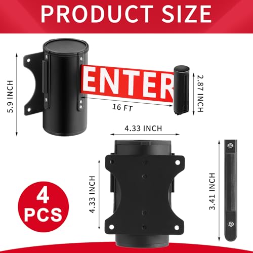 Landical 4 Pcs 16ft Wall Mount Retractable Barrier Belt Do Not Enter Sign Safety Belt Barrier Rope with Braking System Locking Button for Crowd Control Parking, Red