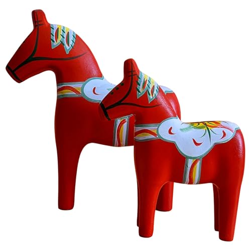 Nustartain Set of 2 Swedish Wooden Dala Horses Figurines, Dalecarlian
