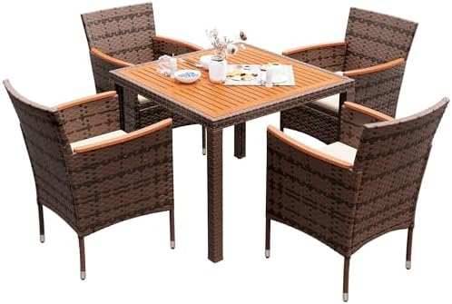 Devoko 5 PCS Furniture, Patio Conversation Set with Acacia Wood T...