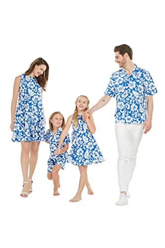 Image of Hawaii Hangover Family Matching Clothes, Classic Vintage Hibiscus Blue | Family matching Hawaiian outfits, Classic Vintage Hibiscus Blue, 100% cotton, machine washable, tropical floral print, luaus