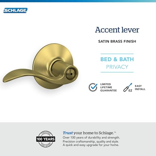 Image of Schlage F40 ACC 608 Accent Door Lever, Bed & Bath Privacy Lock, Satin Brass