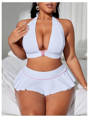 MakeMeChic Women's Plus Size Bikini Sets Criss Cross Halter Tie Back Ruffle Swimsuits4