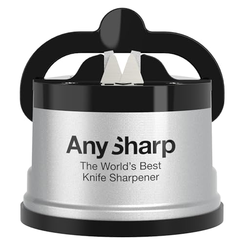 AnySharp Afilador de Cuchillos, Seguridad sin Manos, Ventosa, Afila con Seguridad Todos los Cuchillos de Cocina, Ideal para Acero Endurecido y Dentados, El Mejor del Mundo, Compacto, Plata
