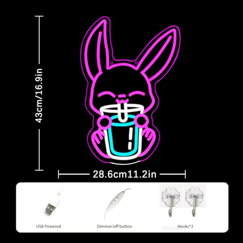 Image of Rabbit Drinking Milk Tea Neon Sign Easter Rabbit Neon Sign for Wall Decor Dimmable Led Pink Bunny Neon Lights USB Power Animal LED Sign for Home Decor for Bedroom Restaurant Easter Gifts