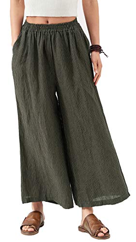 Les umes Ladies Womens Linen Wide Leg Cropped Pants Stripe Elastic Waist Baggy Loose Culottes Pants Dark Gray Stripe US 10