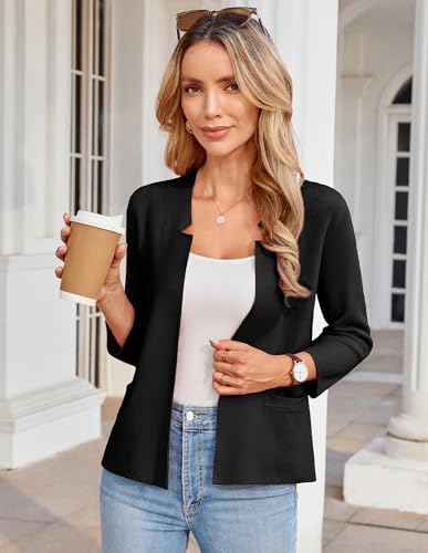 GRACE KARIN Women Sweater Blazer 3/4 Sleeve Cropped Cardigan Lightweight Notch Collar Knit Blazer Jacket Business Casual4