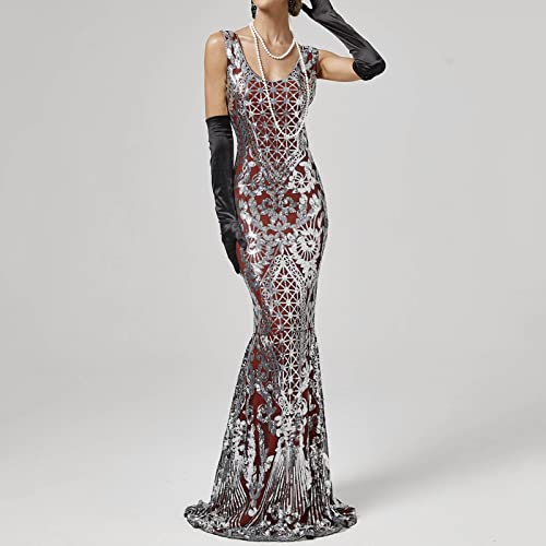Robe longue en queue de poisson style rétro 1920 brodée de sequins