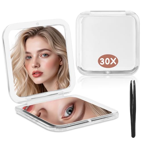 AMFUN Specchio Portatile, 30X Ingranditore Specchio per Trucco Compatto da Viaggio, Specchietto per Borse su 2 Lati Quadrato per Viaggio e Uso Quotidiano Ideale 8,5 x 8,5 cm (Bianco)