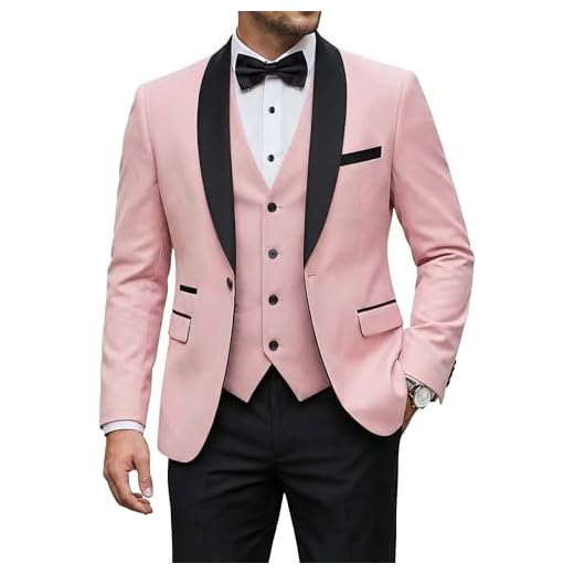 YND Men's 3 Piece Slim Fit Tuxedo Suit Set, One Button Shawl Collar Solid Business Blazer Jacket Vest Pants with Bow Tie, Light Pink