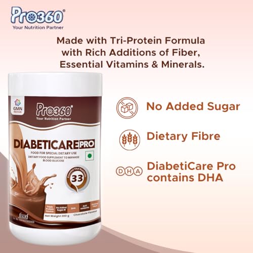 Image of Pro360 DiabetiCare Pro Nutritional Diabetic Protein Food Supplement Powder to Manage Diabetes and Blood Glucose for Adults (Men & Women) - 200gm Jar (Chocolate)