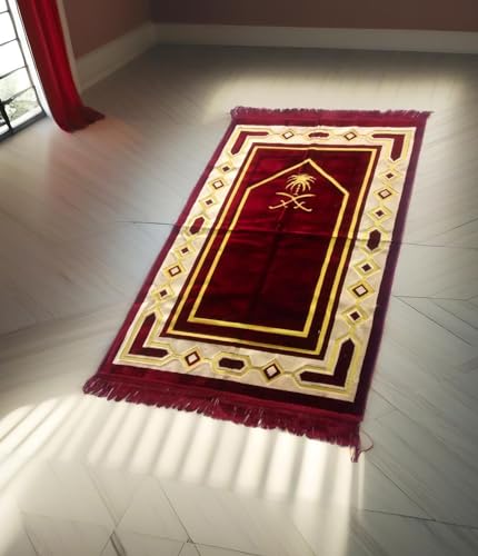 Image of Weavers Villa Prayer Mat /Aasan /Meditation Mat - Velvet Mat for Pooja, Meditation, Namaz - Maroon 70cm X 110cm - Perfect Aasan for Puja /Prayer - Floor Mat for Sitting, Multipurpose Rug