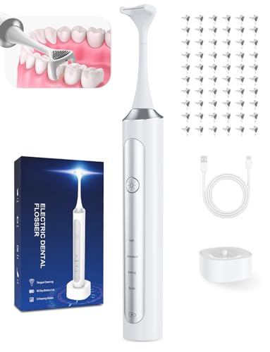 Rechargeable Electric Flosser – 4-Speed Dental Flosser with 60 Heads & Tongue Cleaner – contactless Charging Base for Adults & Kids – Dentist-Approved Gum Care & Water Flosser Alternative