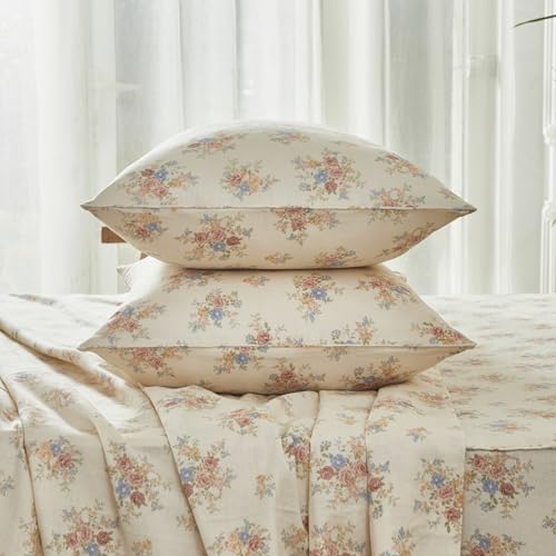 Image of FADFAY 100% Cotton Twin XL Sheets - 4 Piece Floral Bed Sheets, Soft and Breathable Cotton Double Gauze, Includes 1 Fitted Sheet, 1 Flat Sheet and 2 Pillowcases (Cream)