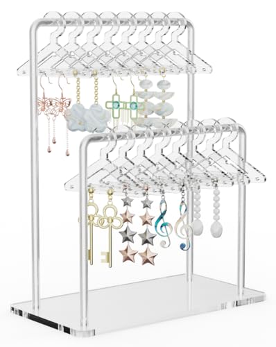 NiHome Clear Acrylic Earring Organizer Stand for Home, Store, Exhibition - Mirror-Finish 2-Tiered Display for 48 Pairs, 16 Mini Hangers Holder Tangle-Free Storage Adds Elegance to Jewelry Presentation