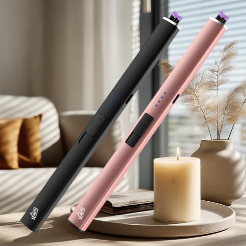 2 PCS Pack Candle Lighter with Dual Arc,Type-C USB Rechargeable Flameless Windproof Long Electric Lighter for Candles, Grill, Camping and BBQ (Black & Rose Gold)