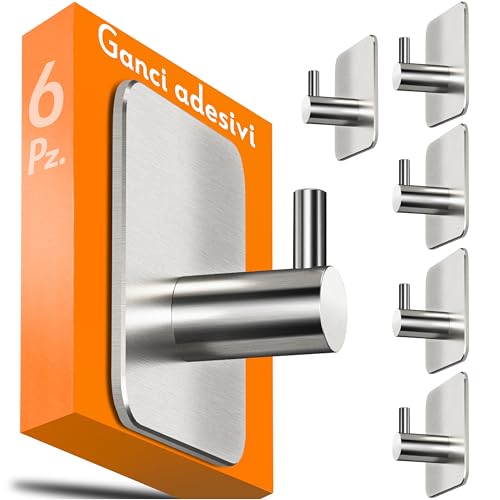 4smile ganci adesivi acciaio inox - SET 6 porta asciugamani autoadesivo bagno antiruggine, appendini accappatoio bagno, argento