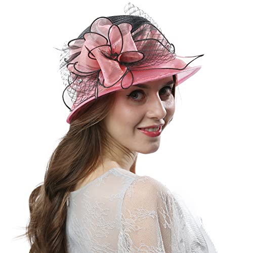 Original One Womens Two Tones Cloche Church Hat for Derby Day Wedding Tea Party Ascots Funeral Events (Pink/Black)