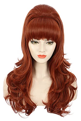 karlery Adult Women Long Wavy Ginger Auburn Wig 60s 70s Big Red Bouffant Beehive Wig for Halloween Themed Costume Party