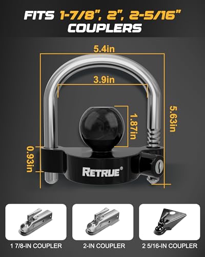 Image of RETRUE Universal Coupler Lock Trailer Locks Ball Hitch Trailer Hitch Lock Adjustable Security Heavy-Duty Steel fits 1-7 /8 Inch, 2 Inch, 2-5 /16 Inch Couplers, Black