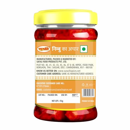Image of Suruchi Lemon Pickle - 1kg | Khatta Nimbu Ka Achar | Ready to Eat Lime Pickle | Authentic Indian Lemon Pickle | Pure & Natural Ingredients | Hygienically Packed (Pack of 1)