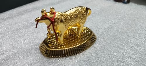 Image of Kamdhenu Cow and Calf Idol for Home Decor | Gold Finish Gau MATA Murti | Vastu Showpiece for Home Temple Pooja Room Office Desk | Spiritual Religious Gift | Housewarming Diwali Decor