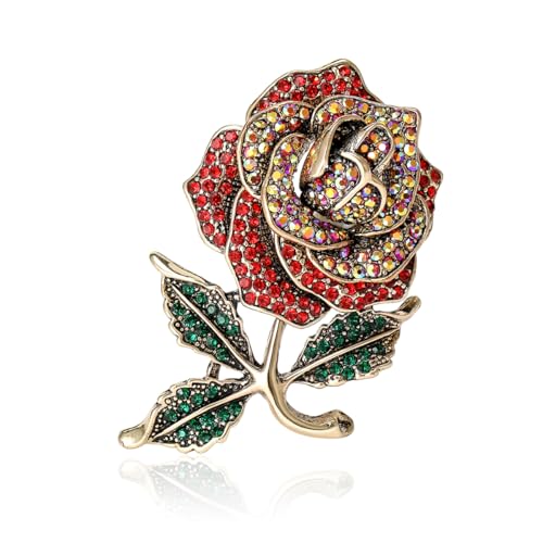 Image of YOQUCOL Elegant Cubic Zirconia Crystal Rhinestone Red Rose Shape Brooch Pin for Women Grils