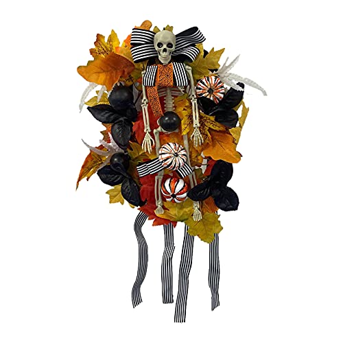 Couronne d'Halloween crâne et fleurs noires pour décorer votre porte d'entrée