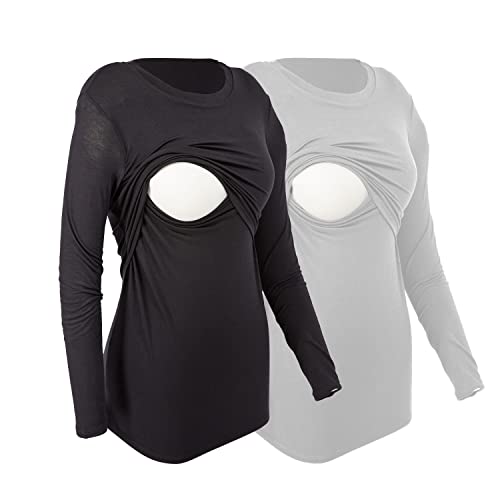 Image of Mothera Women's Bamboo Maternity Nursing Top for Breastfeeding Comfy and Soft Long Sleeve Nursing Shirt for Postpartum
