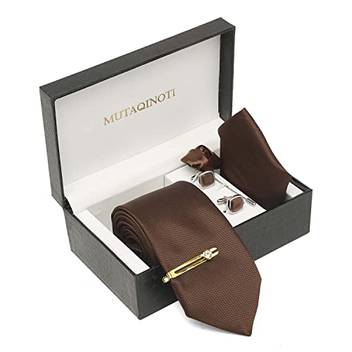 Image of MUTAQINOTI Mens Woven Premium Silk Necktie Suit Accessories Set With Pocket Square Cufflinks Brooch Golden Tie Pin (TEGP2)