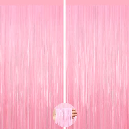 Image of 2Pack Foil Curtain Pastel Pink Backdrop Streamers Metallic Tinsel Fringe Curtains Photo Booth Props for Birthday Wedding Engagement Bachelorette Christmas Celebration Valentines Party Decorations