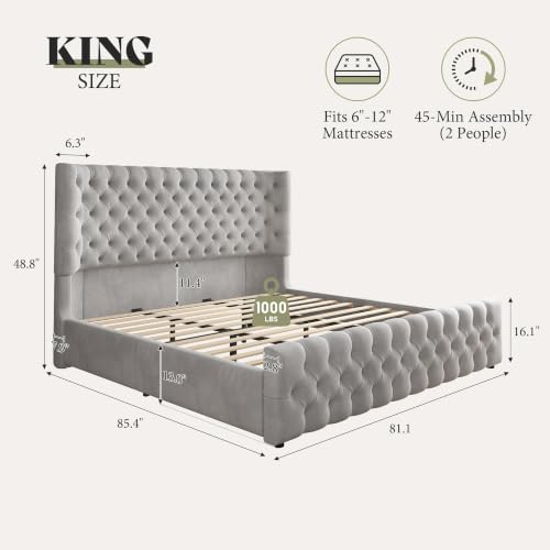 Image of AMERLIFE King Upholstered Bed with Headboard, Wingback, Grey Velvet