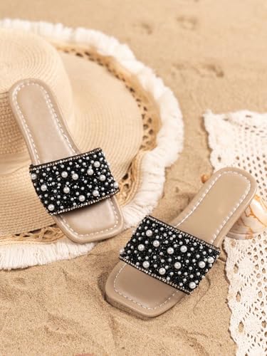 Image of GORGLITTER Girl's Pearls Dress Flat Sandals Glitter Rhinestone Summer Open Toe Teens Slides
