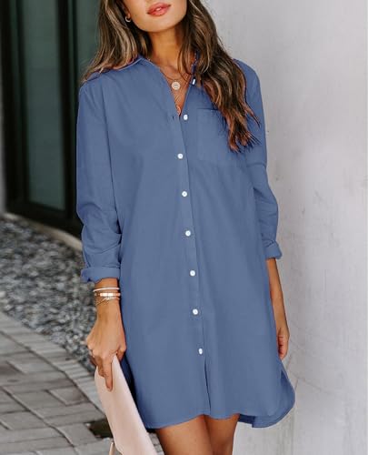 Image of Aoudery Womens Button Down Shirt Dresses with Pockets Cotton Button Up Tunics Long Sleeve Solid High Low Blouse Tops