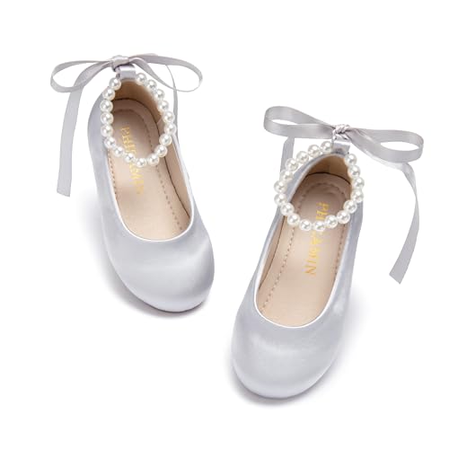 PHIRAMIN Toddler Flower Girl Satin Silver Gray Dress Shoes - Little Girl Ballet Flats Size 5 Pearl Wedding Party