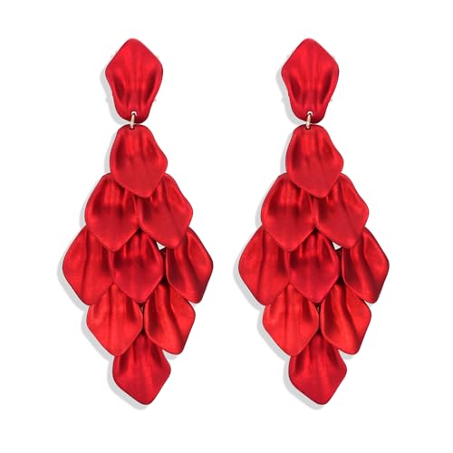 FIBO STEEL Acrylic Petal Earrings for Women Red Statement Earrings Dangle Rhombic Boho Flower Lime Green Orange Rose Big Bold Colorful Costume Jewelry Long Drop Dangle Earrings Red