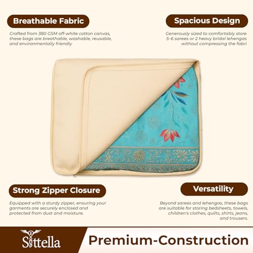 Image of SITTELLA Cotton Canvas Clothes Storage Bags /Saree Covers with Zip for Storage Specially Design for Woman Dresses, Sarees, Lehengas for Wardrobe Organizer (beige, PK 02)