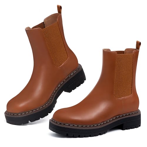 Athlefit Chelsea Ankle Boots for Women Platform Lug Sole Brown Boots Comfortable Slip On Fall Dress Short Booties Size 7 — view 5