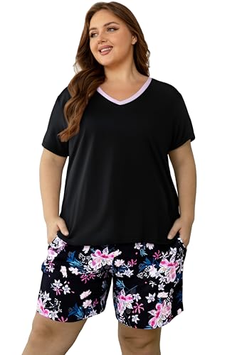 Image of Vozanet Women's Short Sleeve Top and Shorts Pajama Sets Plus Size V Neck Colorful Flower Nighty Loungewear With TWO Pockets
