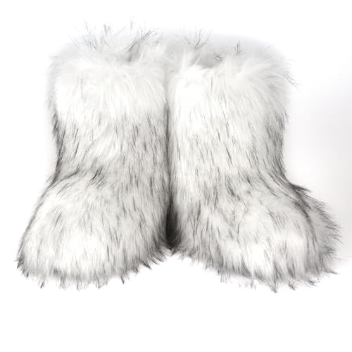 Image of Fashion Fur Boots,Flat Heel Comfy Plush Warm Snow Booties,2025 Winter Outdoors Furry Boots,Mid-Calf Faux fur Boot for Women.