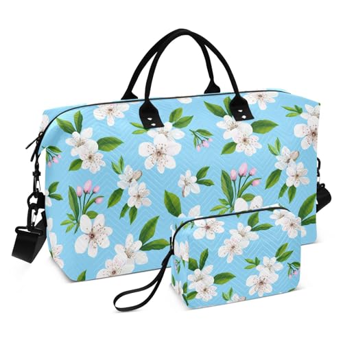White Blossom Flower Travel Duffel Bag for Men Women with Makeup Bag Weekend Overnight Carry On Bags for Traveling Gym Workout