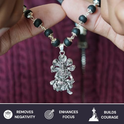 Image of Japam Silver Karungali Necklace with Lord Narasimha Pendant | Black Wood Spiritual Mala for Men | Puja & Meditation | Certificate of Authenticity