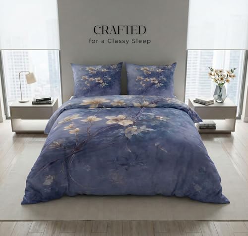Image of SANMARINO 300 TC Cloud Cotton Pixel 7D King Size Bedsheet with 2 Pillow Cover | Premium 7D Floral Printed Bedding Set | Ultra Soft & Breathable | 108x108 Inch | Lavender Moonlit Blossom Garden